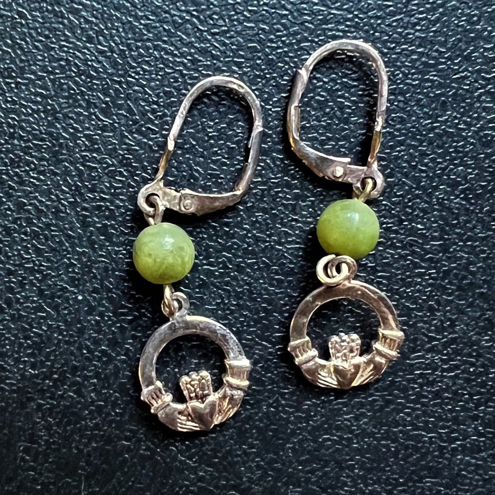 Sterling Silver Claddagh + Jade Bead Drop Earrings with Lever Back Closure